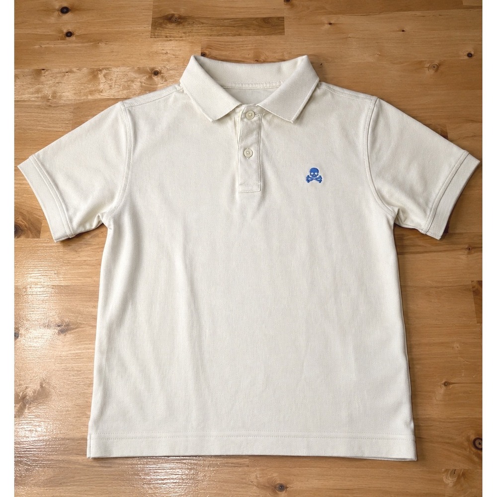 Scalpers Polo Shirt Kids Size 10 Cream Excellent Skull Logo Pique Cotton Short S